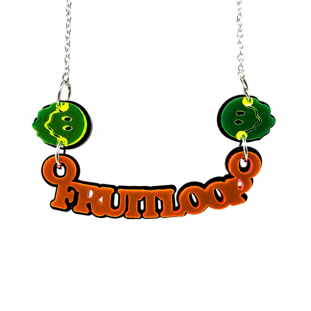 Fruitloop Neon Orange and Black Acrylic Necklace on white background