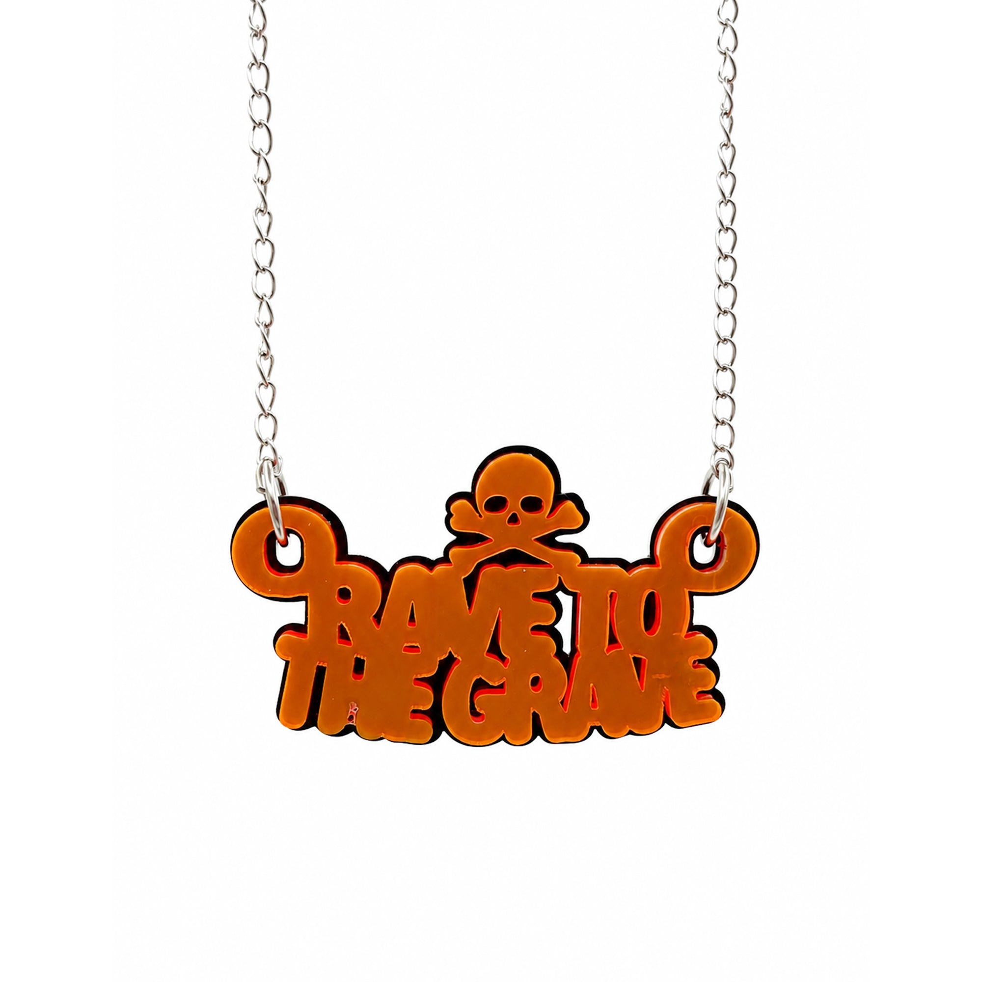 Rave To The Grave Neon Orange and Black Acrylic Necklace on white background