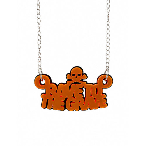 Rave To The Grave Neon Orange and Black Acrylic Necklace on white background